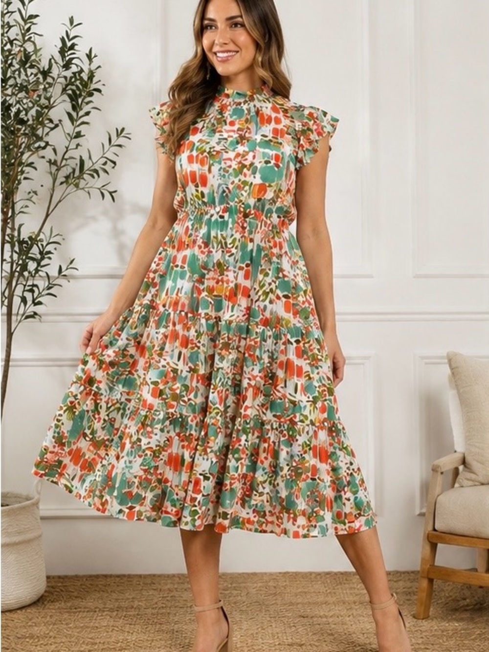 Pinch Green & Orange/Coral Floral Ruffled Midi Dress